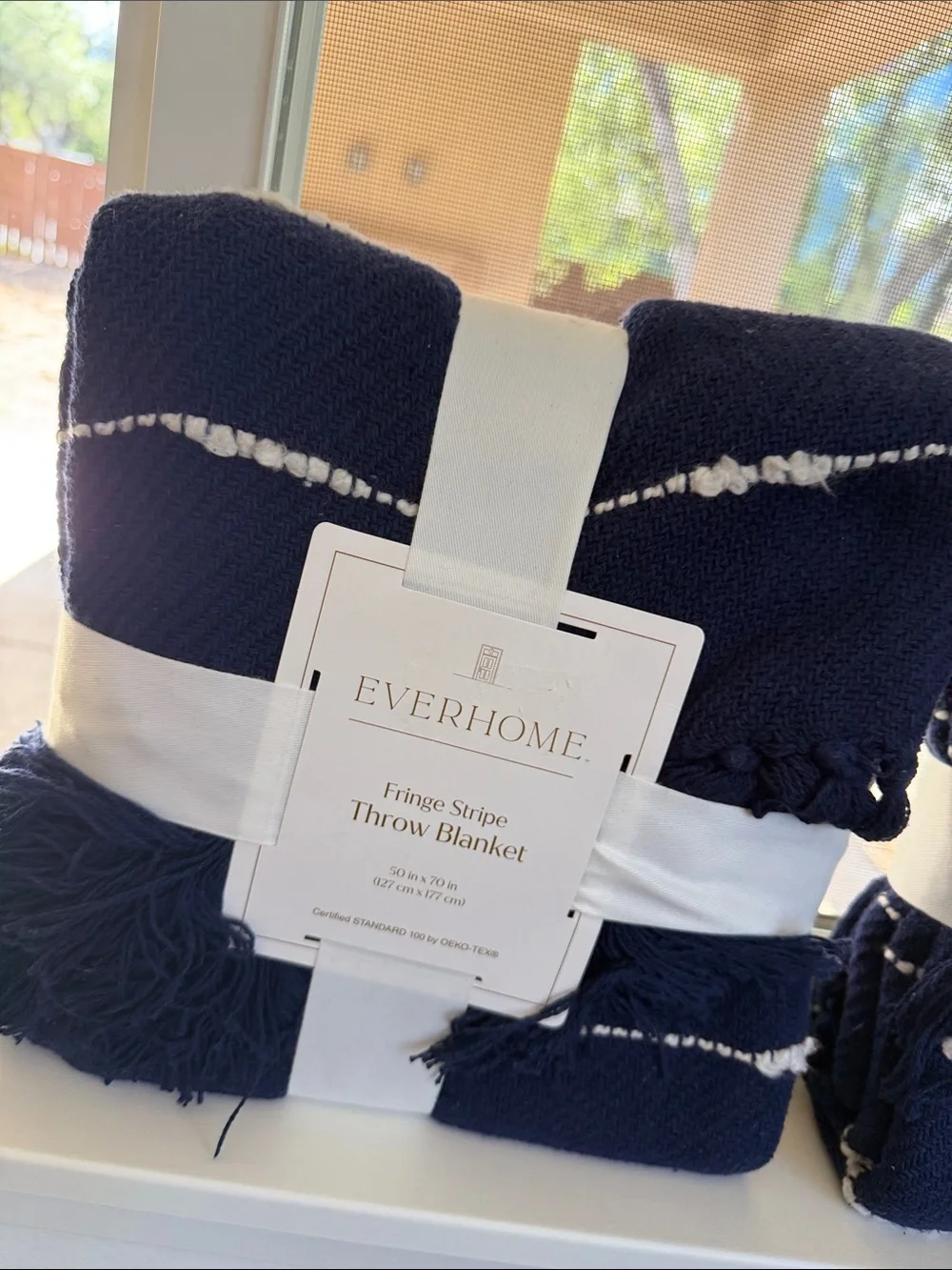 Navy Fringe Stripe Throw Blanket